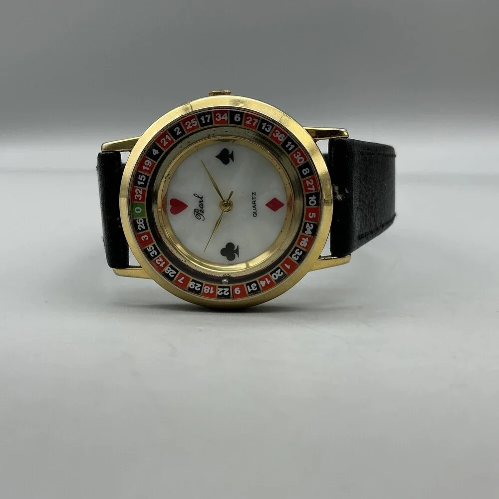 Vintage Pearl Unisex Watch 33mm MOP Casino Roulette Bezel Leather New Battery